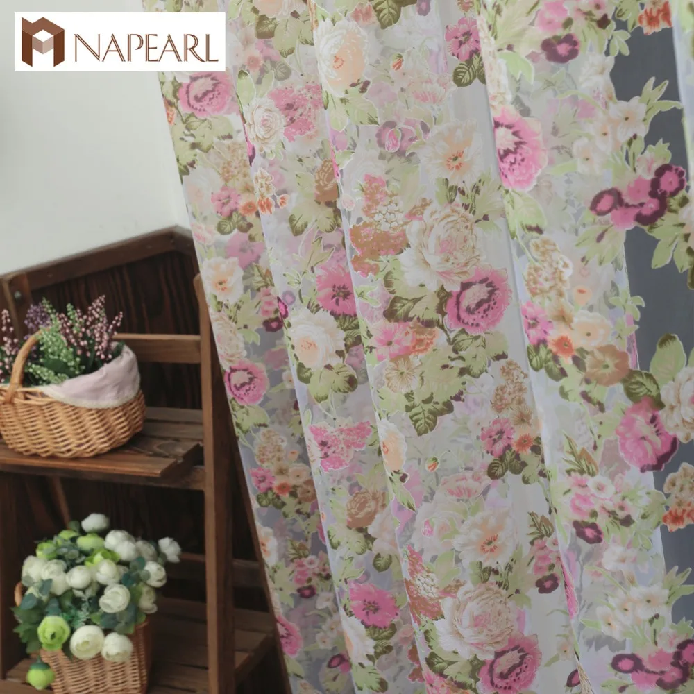

NAPEARL Floral design washable tulle curtain fabrics beautiful sheer panel American country style window for balcony or kitchen