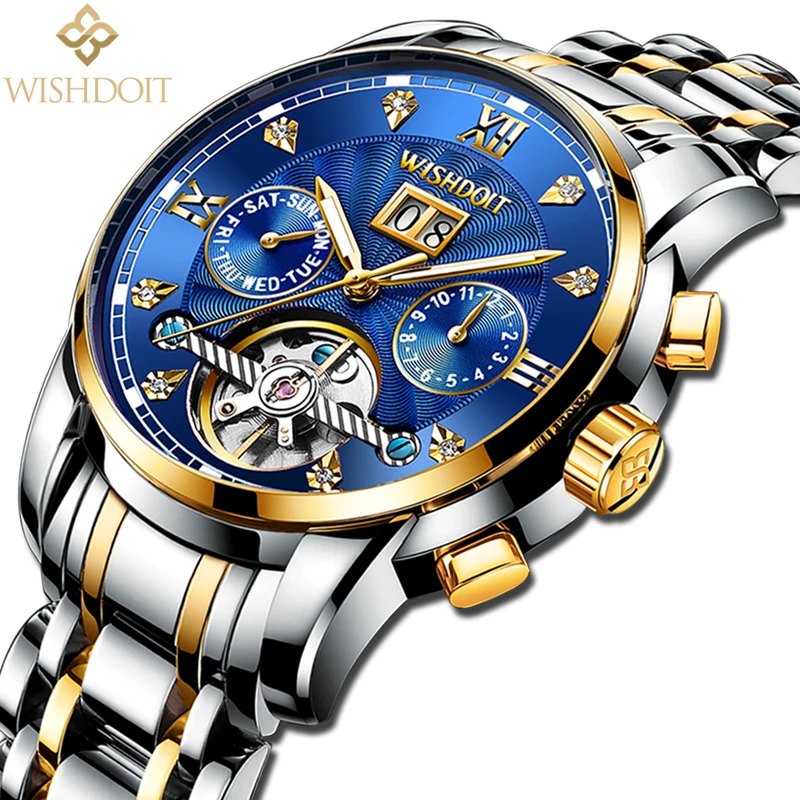 

WISHDOIT Watch Men Top Luxury Automatic Mechanical Analog Diamond Watch Waterproof Stainless Steel Date Leisure Business Clock