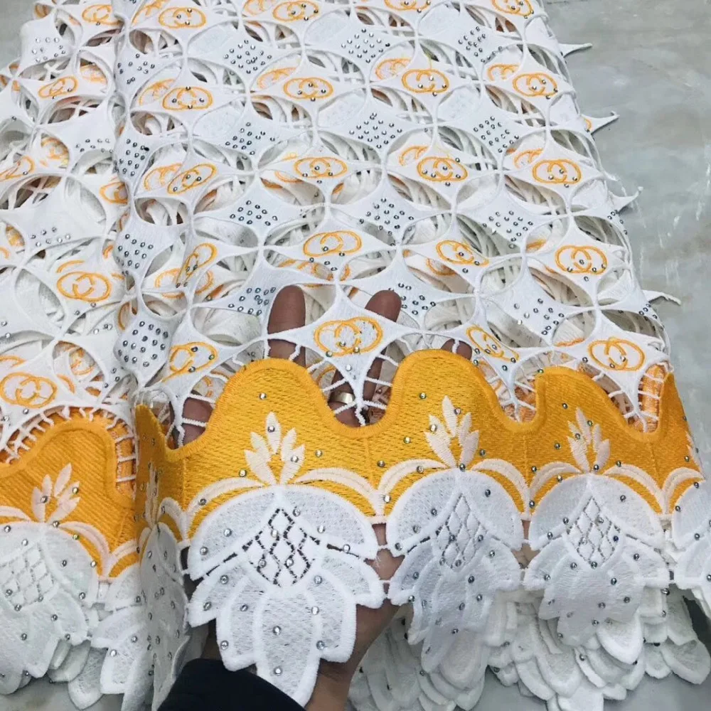 

Latest African Hand cut Swiss Voile Lace Fabric High Quality Double Organza Lace In Switzerland With lots of Stone Lace WHITE