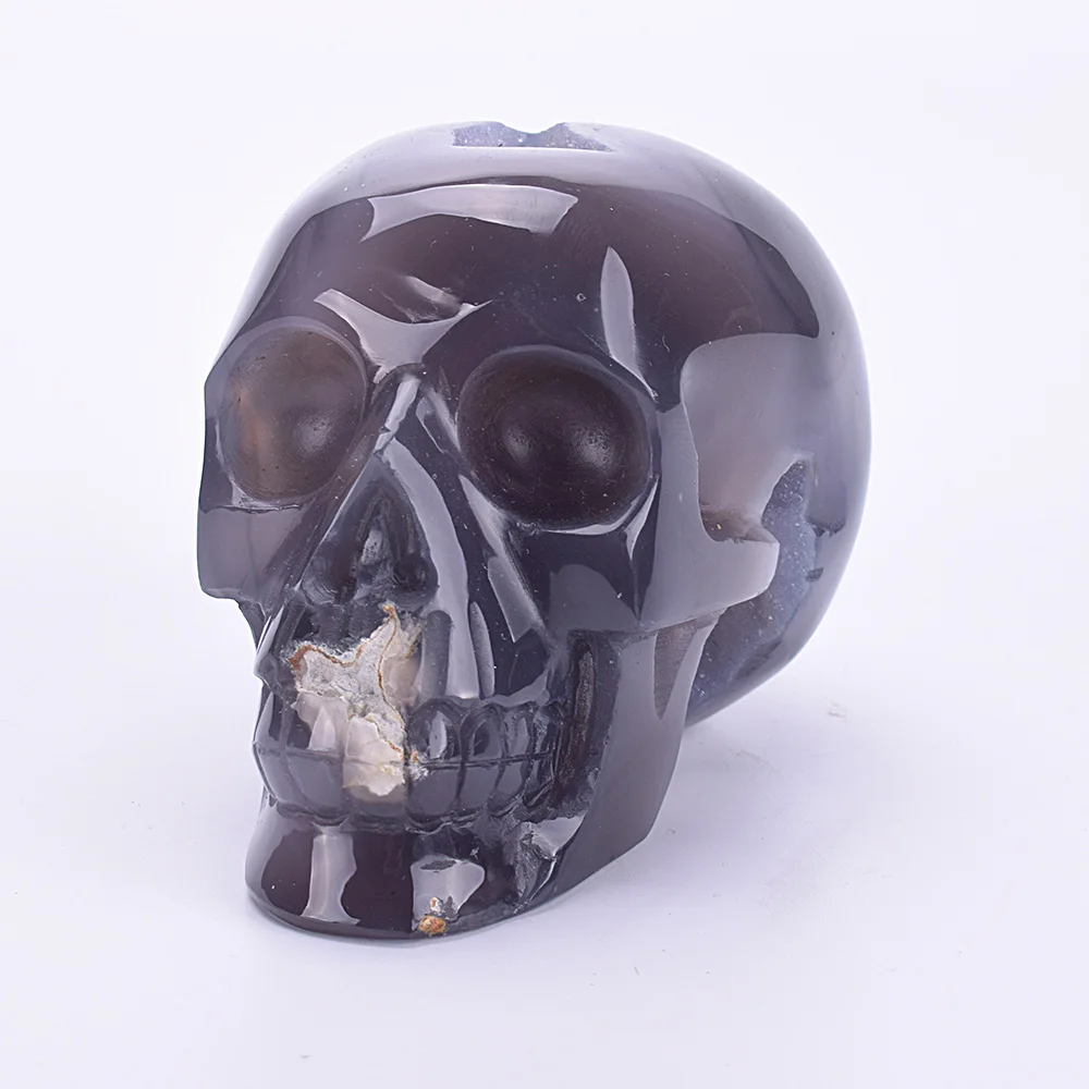 

4.2'' Natural Agate Geode Carved Realistic Quartz Crystal Skull Statue Healing Crystal Skull Sculpture Home Decor Art Collection