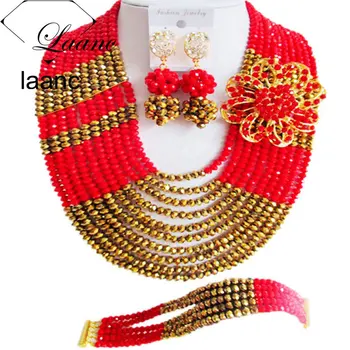 

Laanc 10 Rows 18inches Golden and Red African Jewelry Set Nigerian Beads Wedding Accessories for Brides AL619