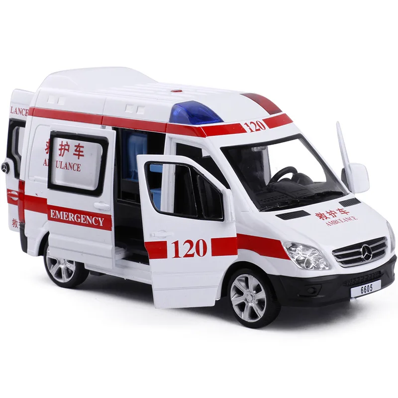 1:32 Hospital Rescue Police Alloy Ambulance Vehicle with Sound Light Diecast Car Model Toys for Gift With Pull Back For Children
