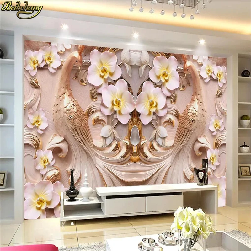 

beibehang Custom Photo 3d Wallpaper Mural 3D Peacock Phalaenopsis Emboss TV Background Wall Orchid wall papers home decor