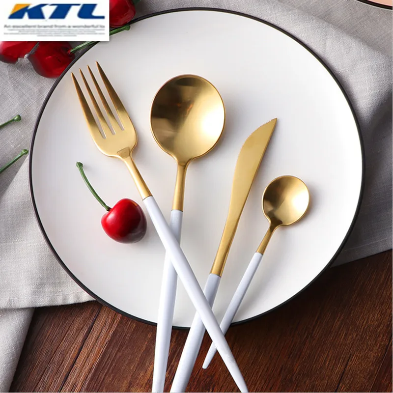 Kubac 24ピース セット黄金18 10ステンレス鋼食器白いハンドル銀器