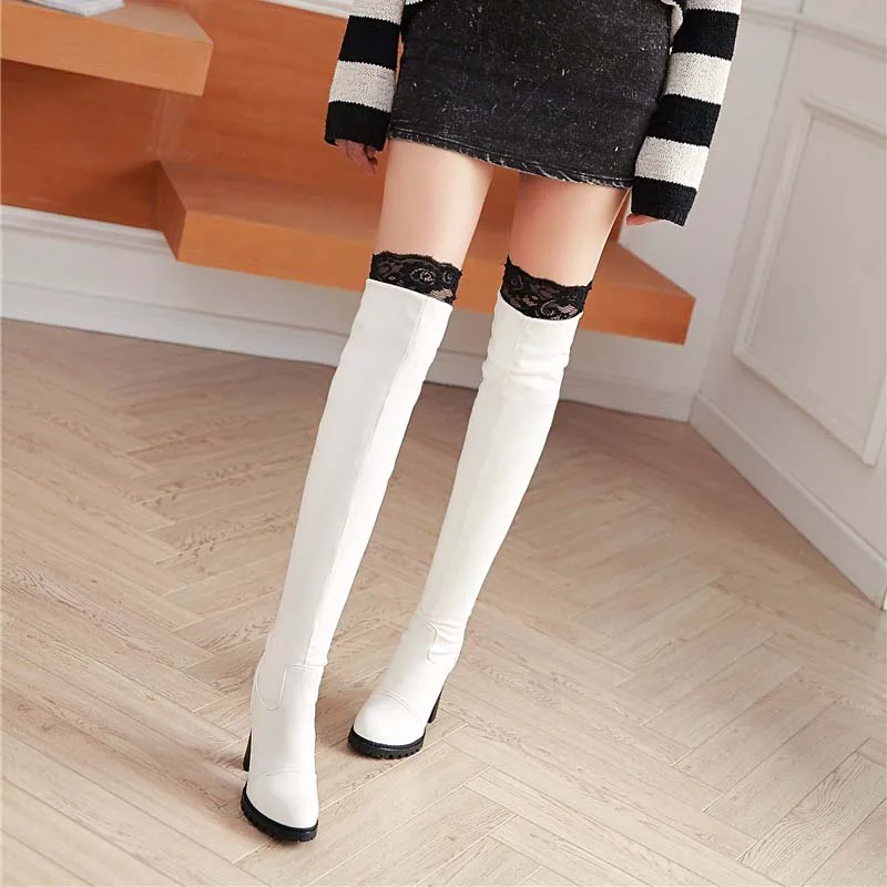 Tacón Con Negro Zapatos Sobre La Pie white Sexy Tacones Rodilla Fur Negro With Botas Plataforma Mujer black Dedo De Fur blanco Alto Del Invierno Redondo Piel Cuadrados Enmayla Blanco YOqq5