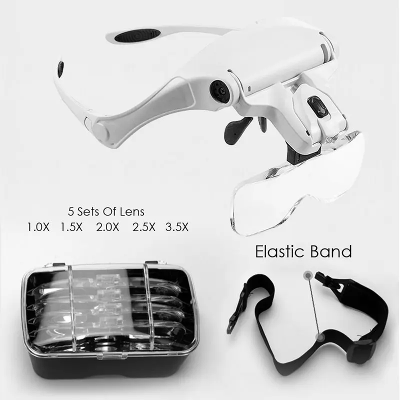  Head Mount Magnifier Eyeglasses - 2 Illuminated Led Light Professional Jeweler'S Loupe Bracket Inte