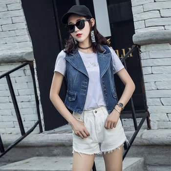 

Cropped Jeans Women's Vest Notched Korean Slim Sleeveless Jacket Short Women Denim Vests With Button
