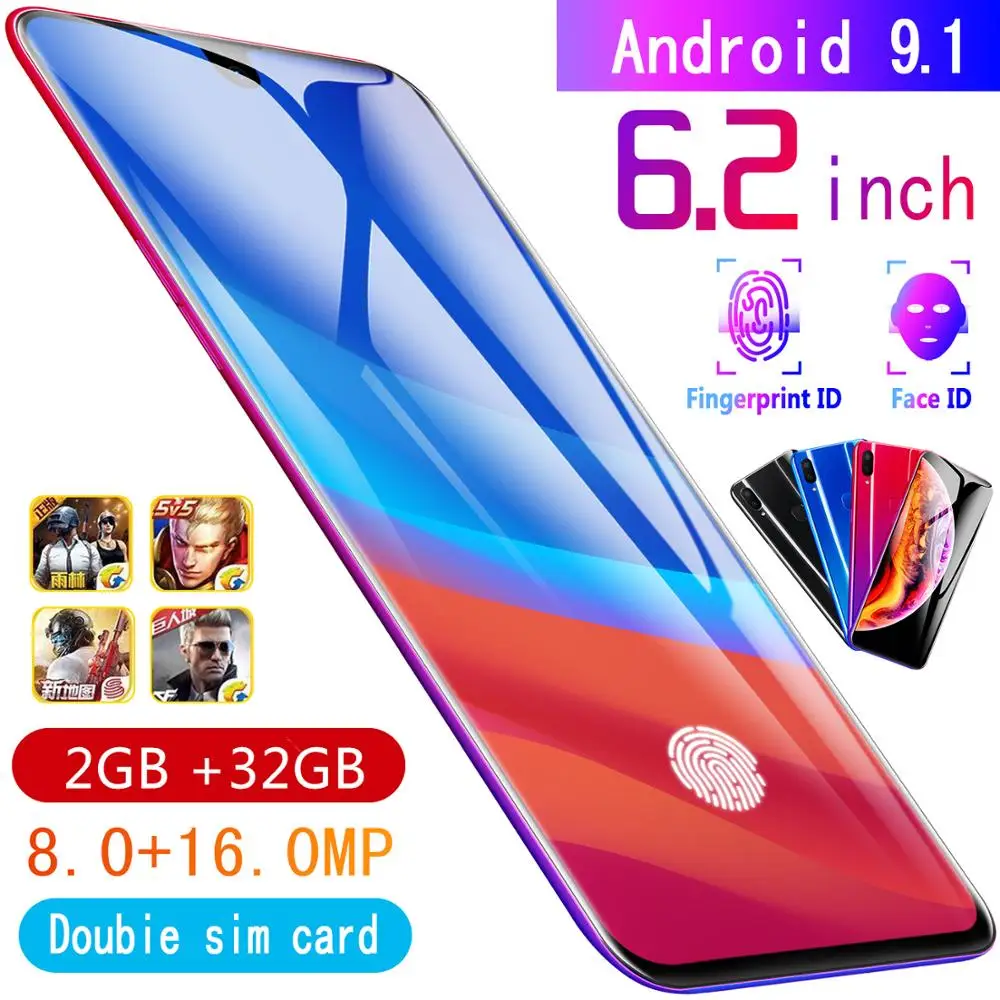 2gb+32gb CHAOAI X23 6.2 Inch Smartphone unlocked Mobile android 9.1 10 core HD cameras 2 sim 2 standby 4G Cellphone