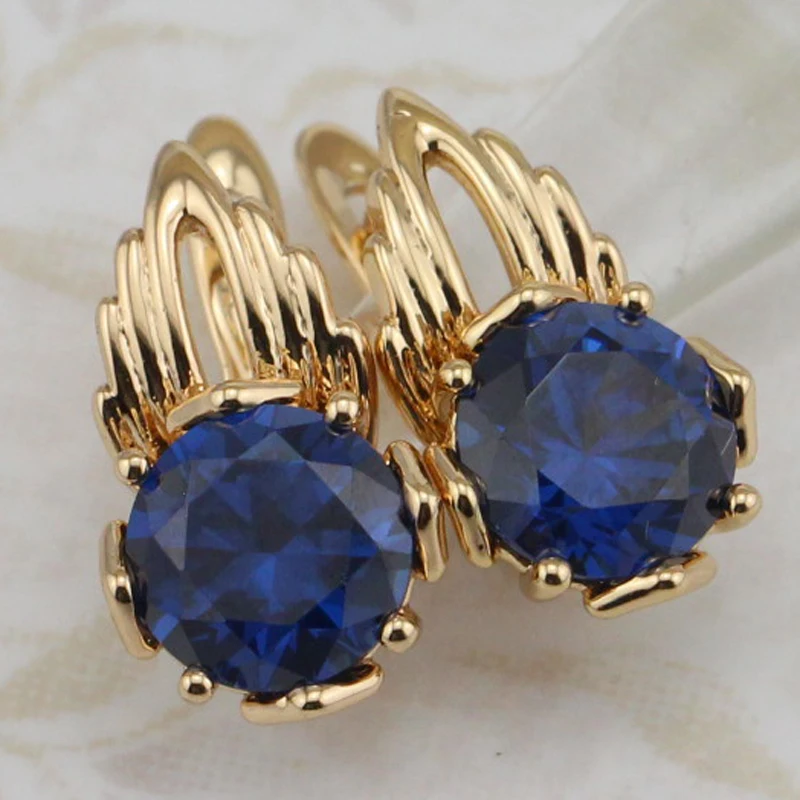 Simple Classy Nice London Blue CZ Gems Hoop Earrings Yellow Golden