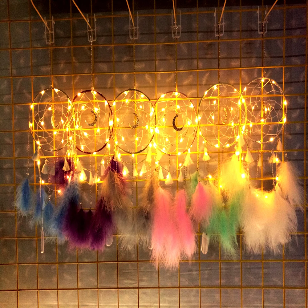 Dream Catcher DIY Home decoration Handmade led Lighting Moon Design Feather Craft Hanging Dream Catcher for Kids girls room Gift