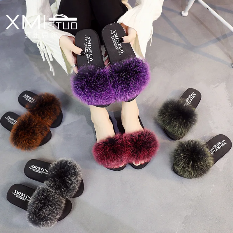 

Colorful Pompom slippers women wedges platform sandals summer fluffy fur slides stretch fabric fox hair korean flip flops furry