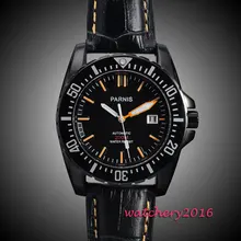 New 43mm parnis black dial PVD case ceramic bezel Leather Sapphire glass miyota waterproof 200m automatic mechanical men’s watch