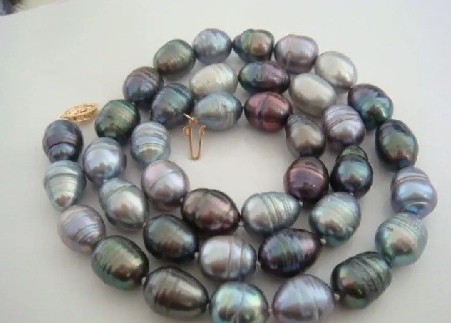 

HOT## Wholesale > 18"11-15MM Natural Tahitian Genuine black gray multic drop Pearl Necklace