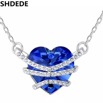 

SHDEDE Blue Crystal from Swarovski Heart Pendant Necklaces Women Birthday Party Gift Rhinestone Bride Wedding Jewelry -25937