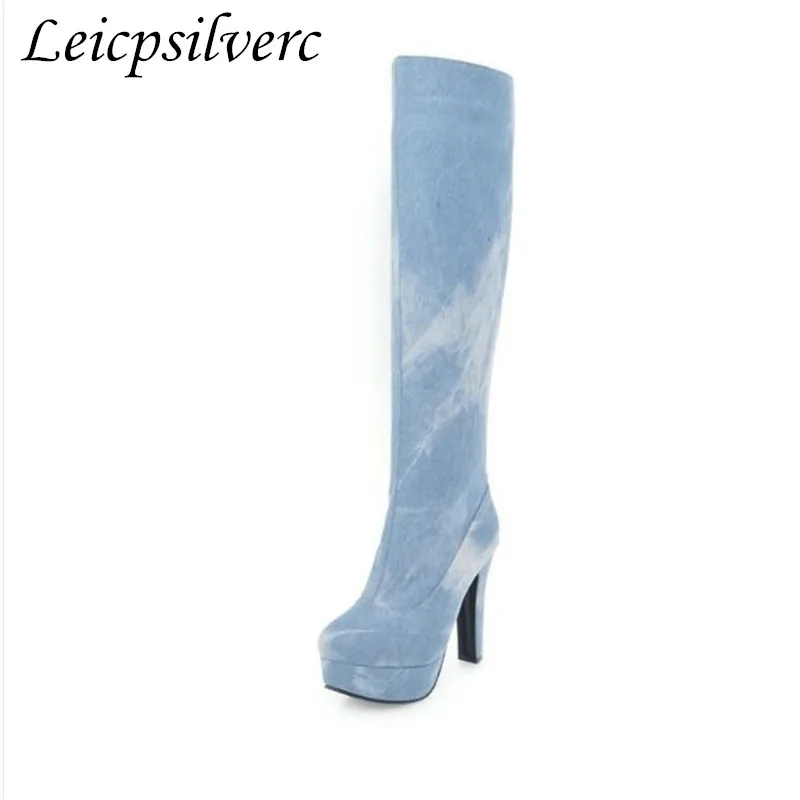 

winter New pattern Europe and America elastic Denim Over the knee Boots Waterproof High heel Plus Size Keep warm Chivalry boots