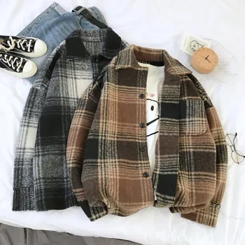 

Autumn And Winter Men's New Casual Fashion Temperament Personality Wild Loose Long-sleeved Plaid Cotton Polyester Wool Coat