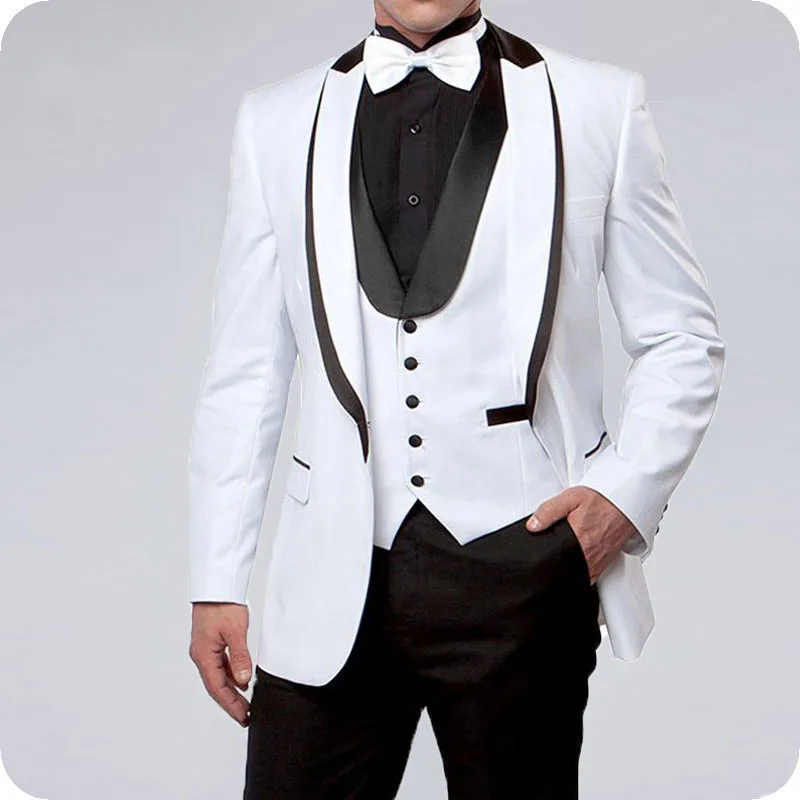 

White Men Suits for Wedding Suits Groom Black Lapel Slim Fit Formal Prom Custom Blazer Tuxedo Best Man Terno Masculino 3Pieces