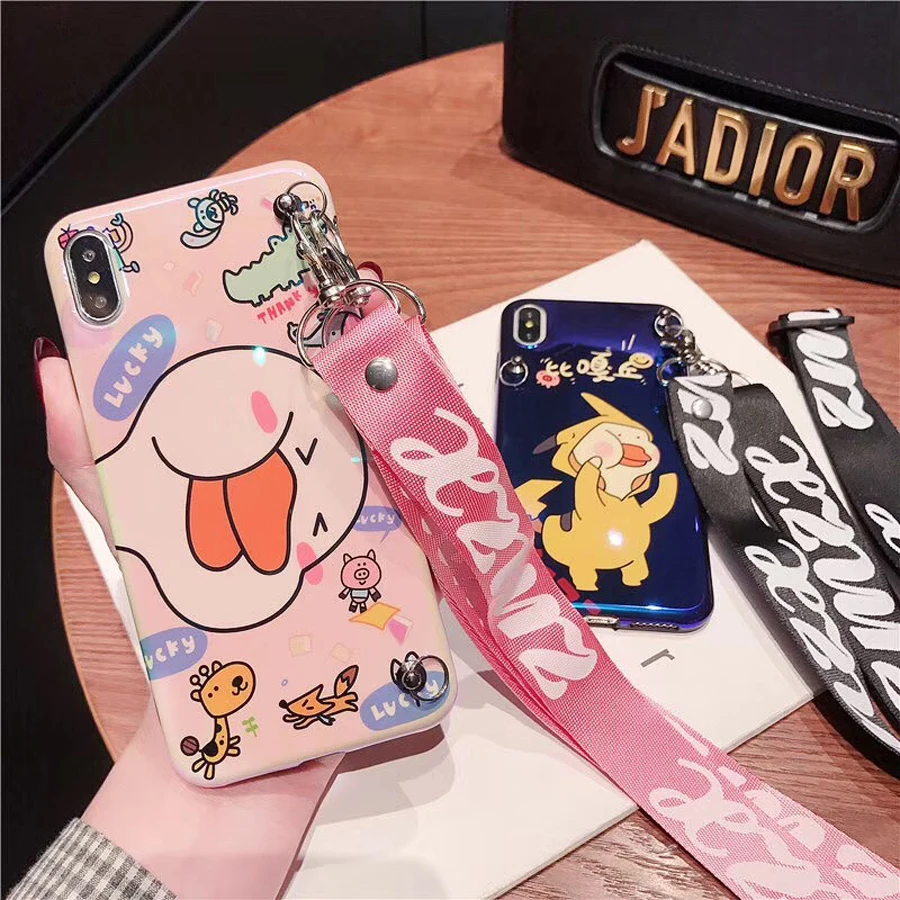 

For iphone XS MAX XR X 8 7 plus case cover 3d duck blue ray with shoulder strap soft silicon phone bag case for iphone 6 6s plus
