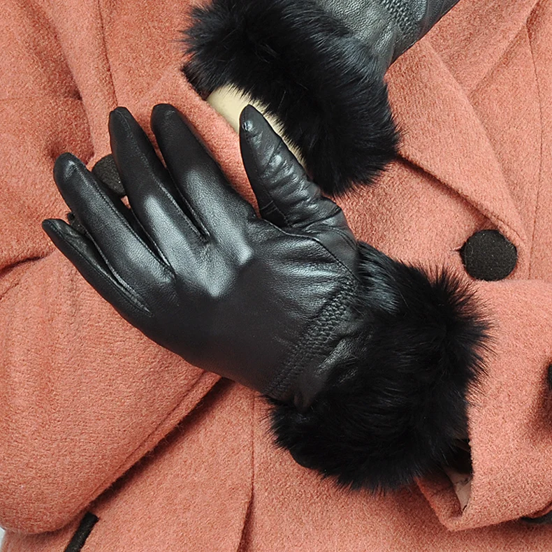 Genuine sheep Leather Gloves real rabbit fur lady Winter Fashion women