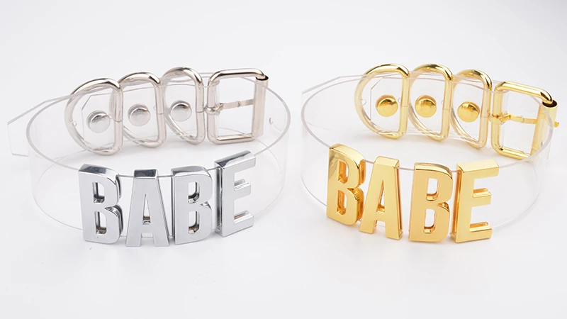 Women Men Unisex Custom Handmade Letter Choker Necklace Kawaii Punk Goth BDSM Collar Gold Metal Transparent Leather BABE Choker 12