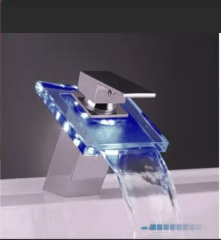 

All Copper LED Tricolor Waterfall Glass Faucet Hot And Cold Basin Fauceting Thermochromic Glassing With Lamp And Basin Faucets