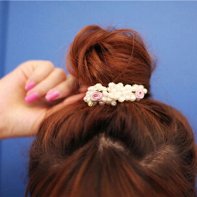 Elastic Hair Bands Women Flower Beaded Pearl Headband Rubber Band