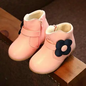 

Winter Baby Girl Boots Fashion Princess Shoes Warm Cotton Leather Ankle Boot With Flower Children Plush Cute Snow Boots Kids