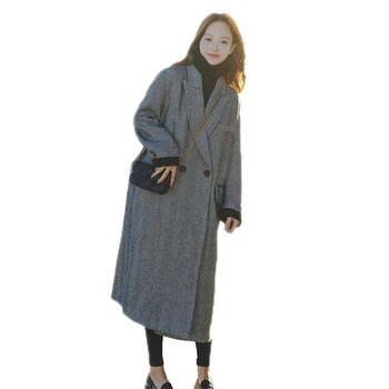 

2018 New Women Korean Herringbone Woolen Coat Female Double Breasted Lapel Long Section Loose Wool Blends High-end Overcoat O746