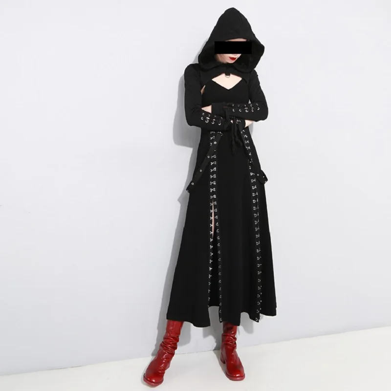 

Fashion Punk Sets for Women Black Suspenders Dress and Hoodies Female Harajuku Gothic New Arrival Sexy Sets Punk Style Women