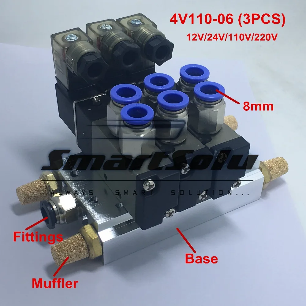 

Free shipping 1/8 Inch Port 4V110-06 5 Way Triple Solenoid Valve Connected Mufflers Base 6mm 8mm Quick Fittings Set