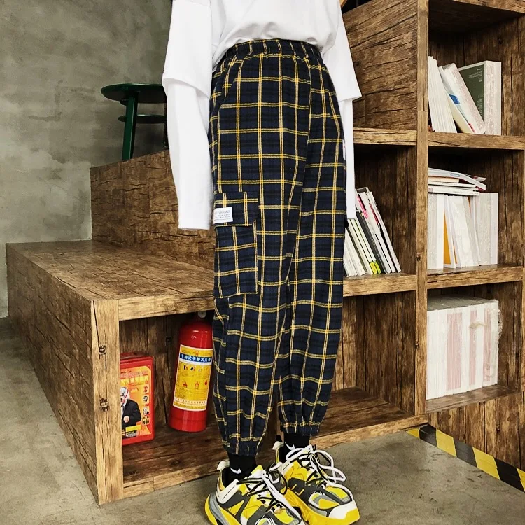 

Guochao hip-hop style BF elastic high-waist overalls men and women's undercoats retro Plaid stitching trousers loose Street pant