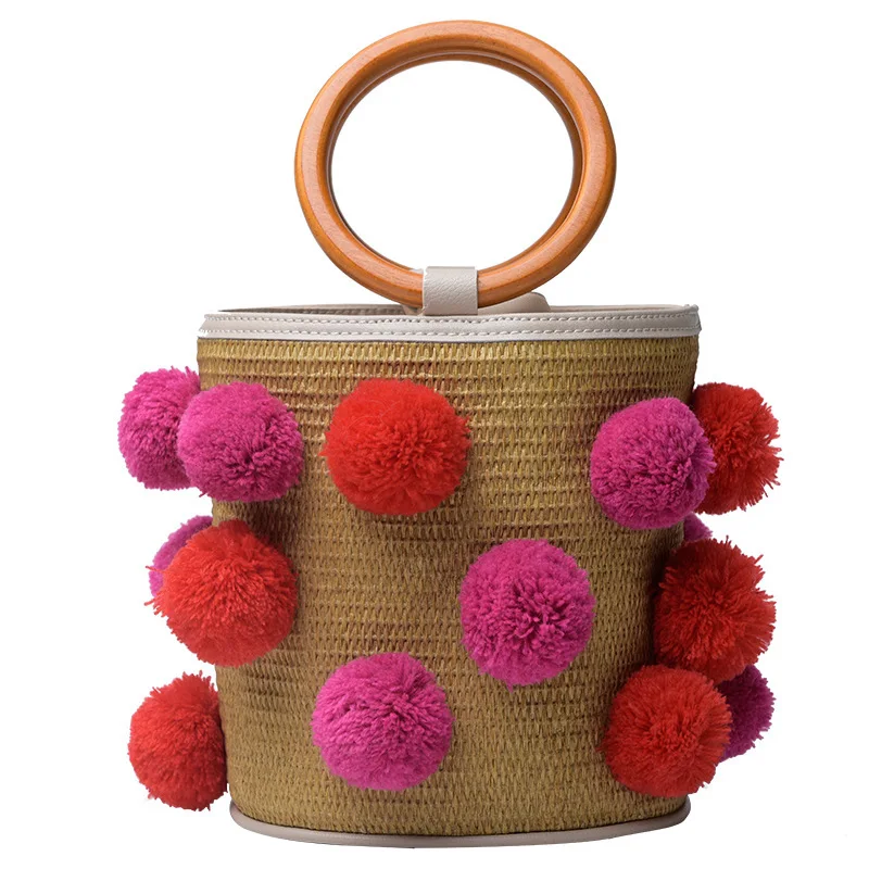 

New Pattern Straw Pompom cloth Plaited Bucket Type Bohemia Style Handbag beach bag bolsa feminina