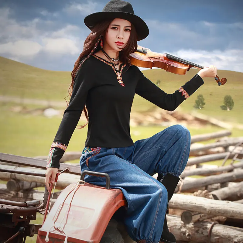 

Free Shipping 2018 New Fashion National Chinese Style Print T-shirt Long Sleeve Women Embroidery Tops M-3XL Spring Autumn Tees