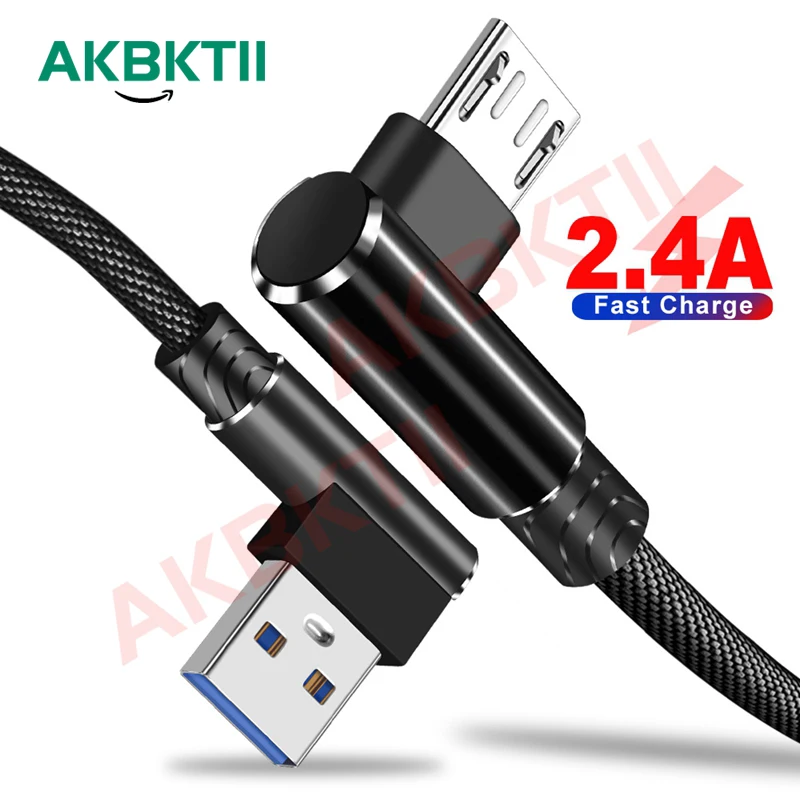 

AKBKTII Micro USB Cable 1M 2M 3M 90 Degree Fast Charging Data Charger Cord For Samsung Xiaomi Redmi Huawei Android USB cable