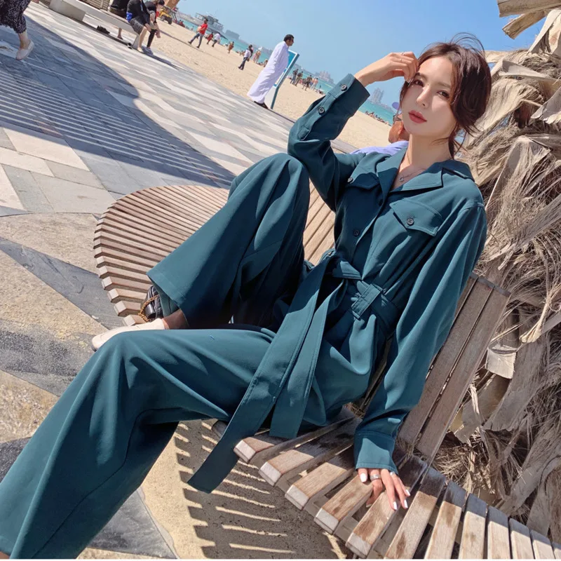 

LANMREM 2019 New Spring Summer Fashion Jumpsuit Women Clothing Casual Loose Sashes Wide Leg Trousers Female Vestido ZA51606