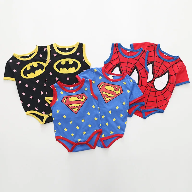 Летняя одежда для новорожденных девочек, Комбинезоны для маленьких мальчиков с рисунком Человека-паука, Супермена, детские комбинезоны унисекс, одежда с животными