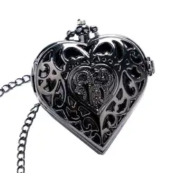 Черное сердце форма цепочки и ожерелья для дам для женщин обувь девочек друг кварцевые карманные часы Модные подвесные часы цепи подарок на