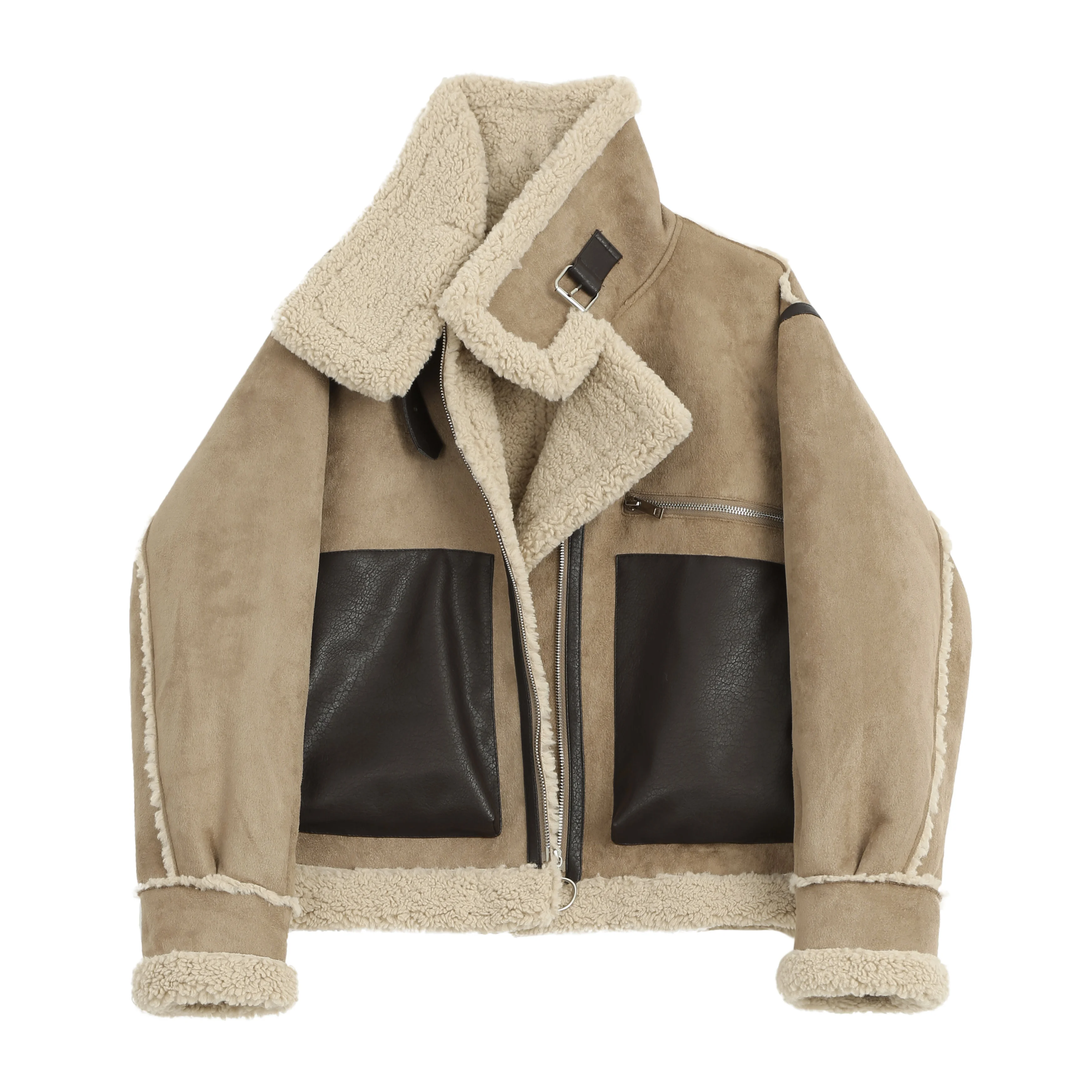 Lxmth Зимняя Толстая замшевая куртка из овечьей шерсти уличная модная женская шерстяная куртка короткое винтажное пальто на молнии с большими карманами