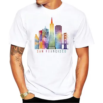 

San Francisco city landmark watercolor funny tshirt men new white short sleeve casual homme cool t shirt
