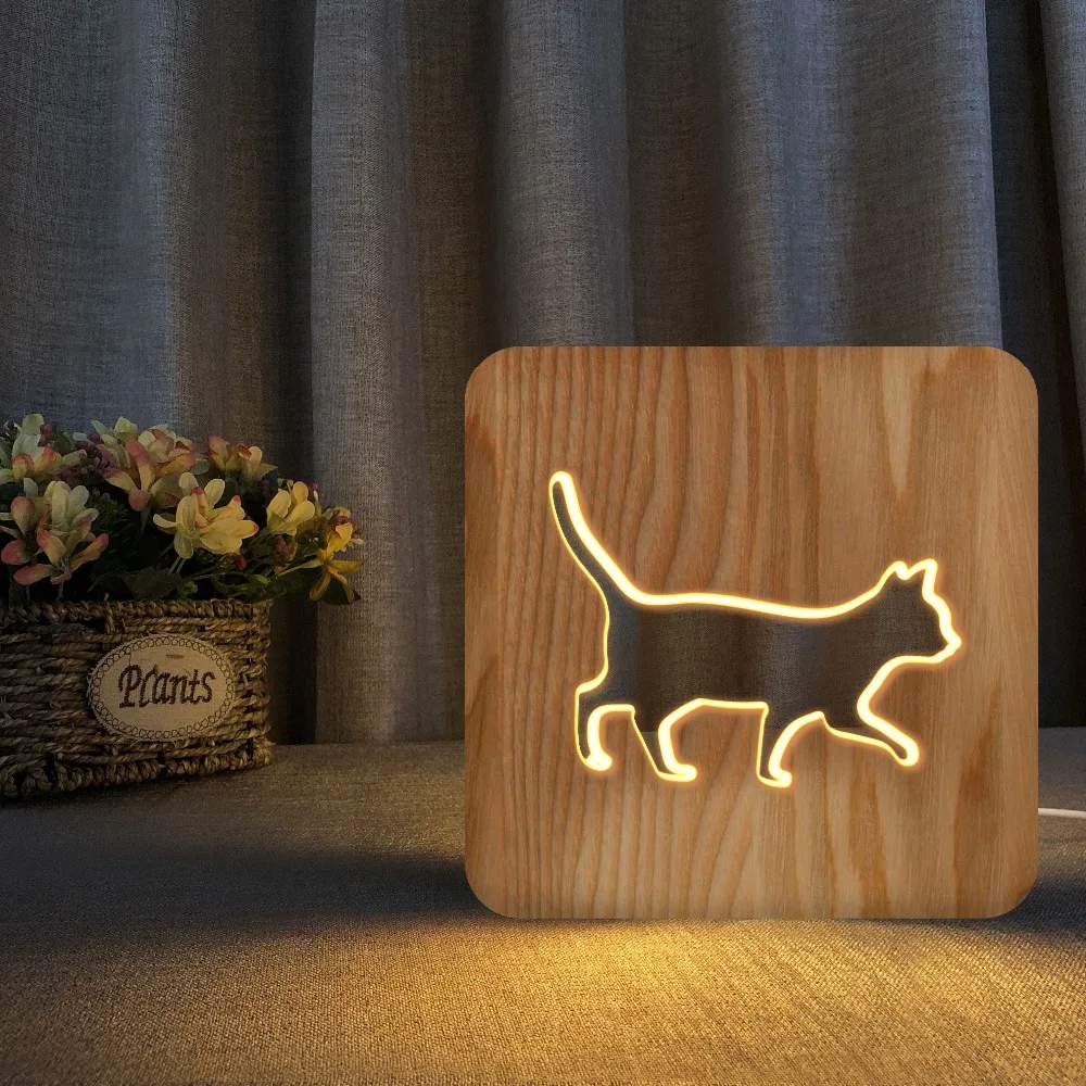 Деревянный светильник с животными милый кавайный котик 3D USB светодиодный
