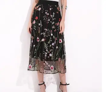 

Women Summer Tulle Print Skirt Streetwear Women Ladies Mesh Embroidered Waterweed Skirt jupe femme