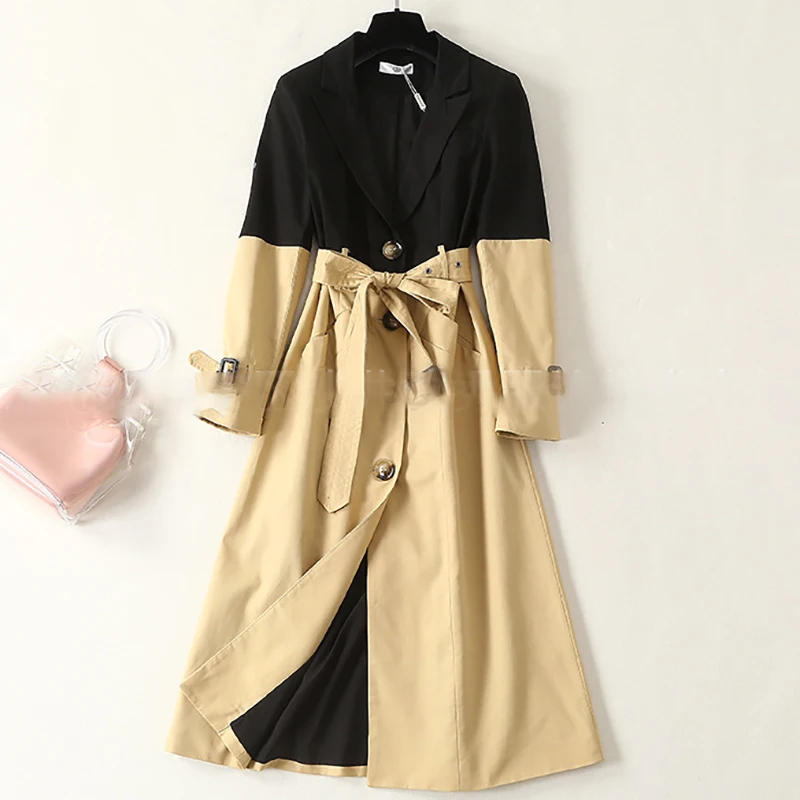 

[EWQ] 2019 Autumn New Long Sleeve Patchwork Loose Fashion Trend Women Long Trench Coat Slim Outwear Panelled Windbreaker QK125