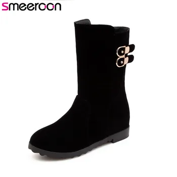 

Smeeroon 2018 fashion autumn winter boots women round toe slip on low heels mid calf high quality flock boots big size 34-40