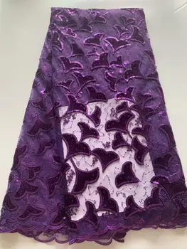 

African French velvet lace fabric 2019 high quality purple gold mbroidered tulle sequins lace Nigerian lace for wedding dress