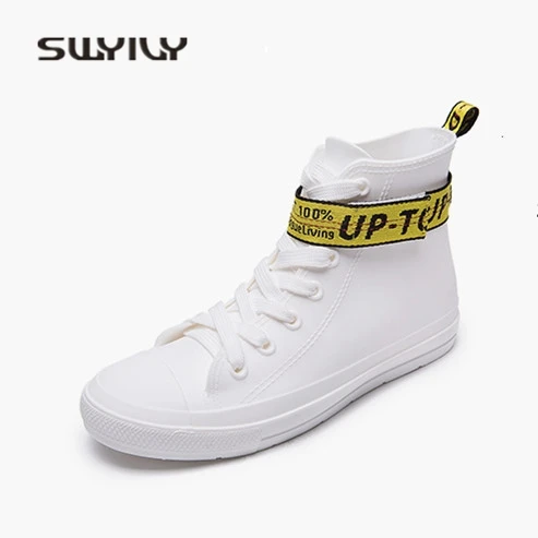 SWYIVY Rubber Rain Boots Woman 2018 Spring New High Top Casual Shoes Woman  White Character Belt Rubber Rainboots Flat 41 Black