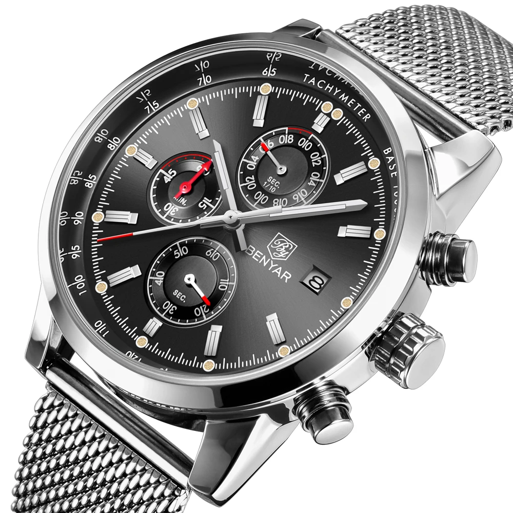 Benyar Men Watch Top Brand Luxury Male Mesh Quartz Chronograph Military Waterproof Wrist Watch Men
