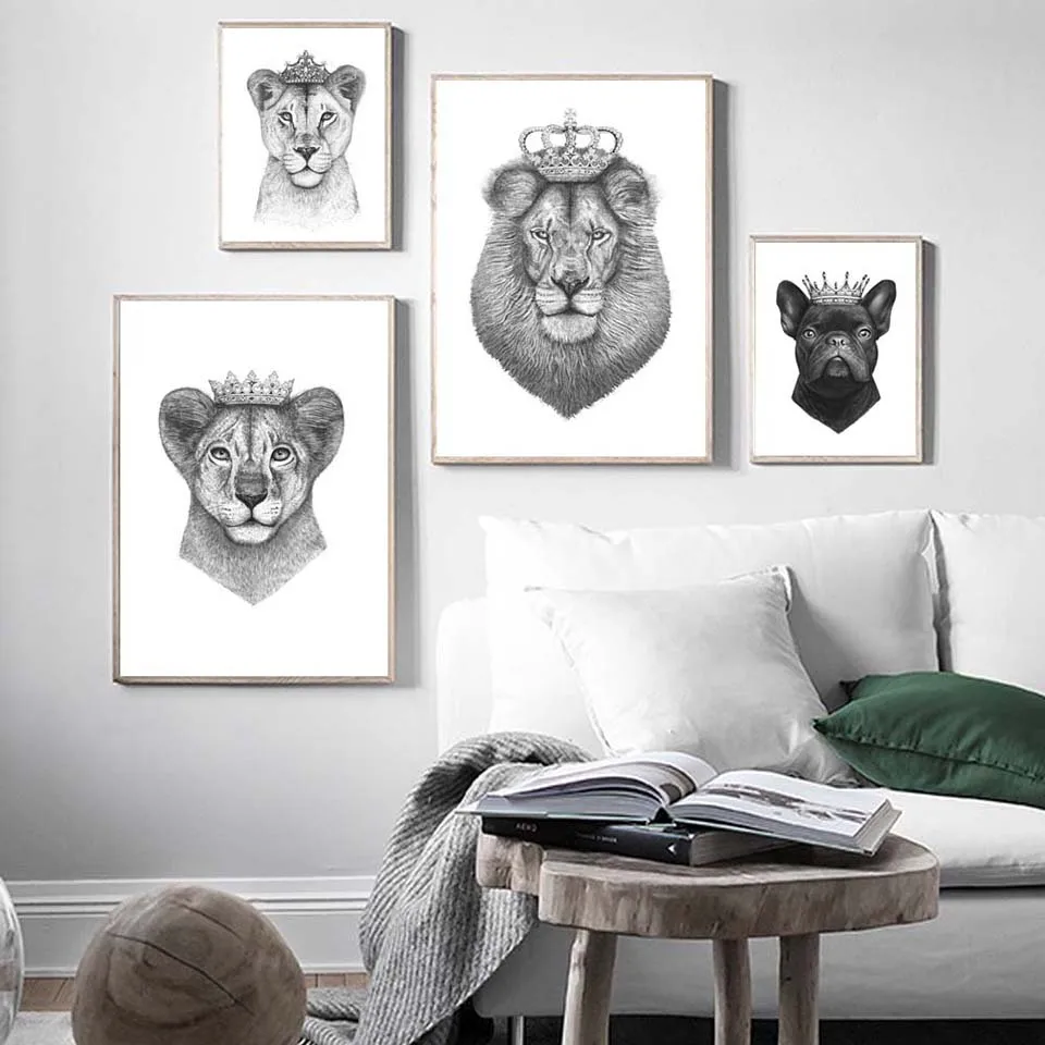 Настенное искусство черно-белые в скандинавском стиле холст картины собака изображения льва HD печать домашний декор плакат минималистичный для гостиной модульный