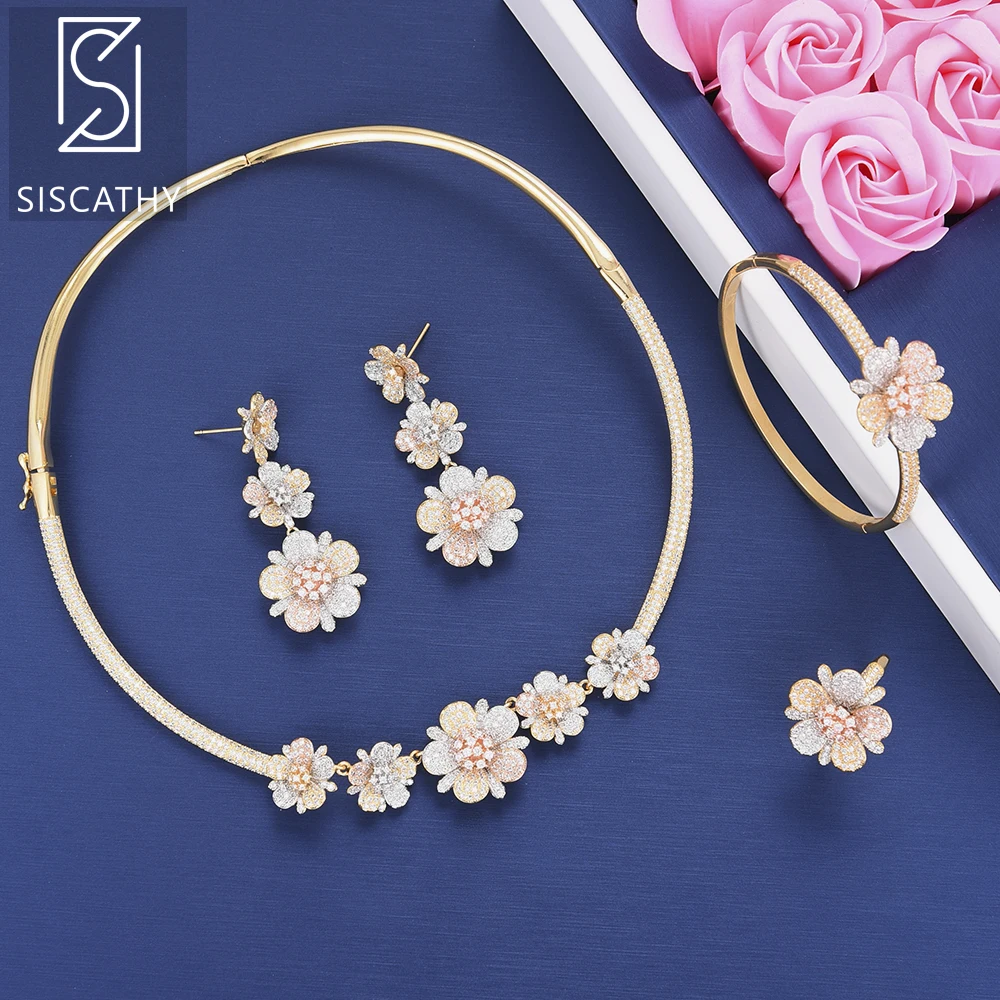 

4PCS Fashion Flower Cubic Zirconia Wedding Necklace Dangle Earrings Bracelet Ring Jewelry Set Cubic Zirconia Jewelry