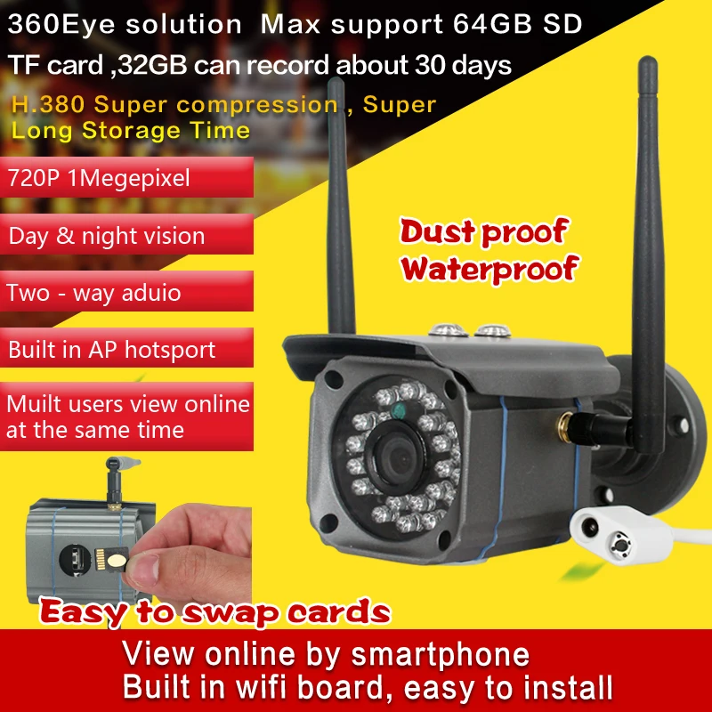 

Wifi Ip Camera 720p HD Support Micro SD Card Waterproof CCTV Security Wireless Camara P2P Outdoor Infrared IR Network CAM V380