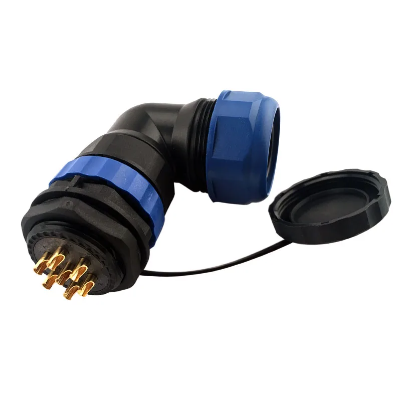 

SP28TC-ZM Elbow waterproof connector IP67 with hose plug and Threaded socket 3/5/7/9/12/16/19/24Pin Male plug and Femal socket